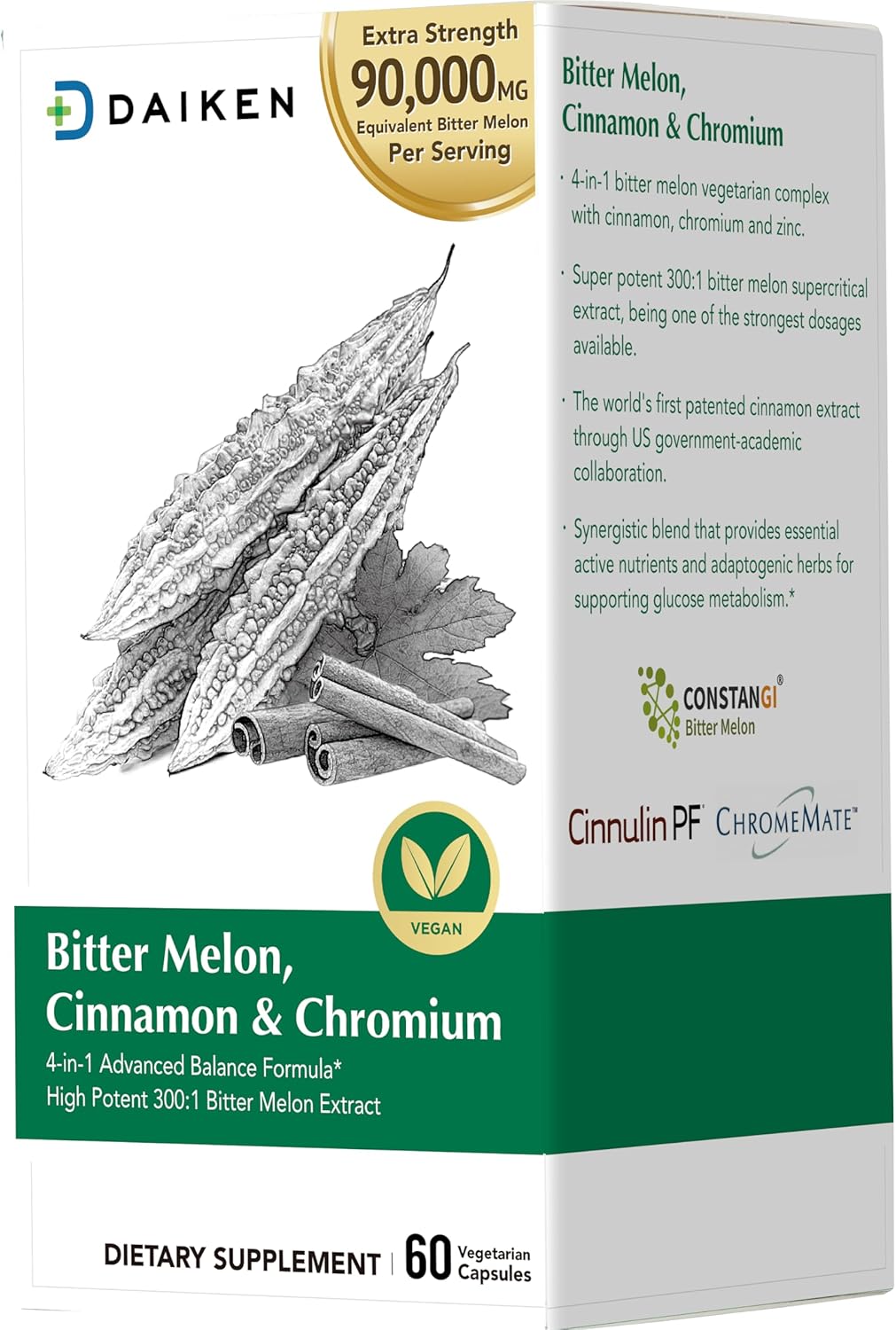 Extra Strength Bitter Melon Capsules with Cinnamon, Chromium & Zinc - 90,000 mg Per Serving - 100% Vegetarian - 2 Pack of 60 Capsules