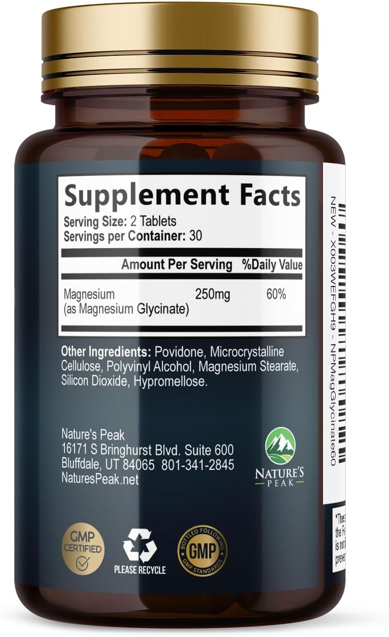 Extra Strength Chelated Magnesium Glycinate Supplement for Bone, Muscle, and Heart Health - Non-GMO Nature's Peak Magnesium Pills for Men & Women - 60 Tablets - BoostGo Australia
