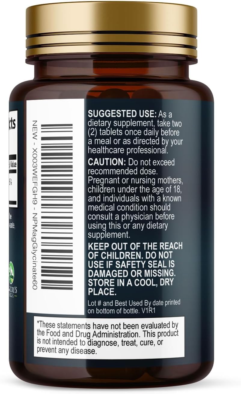 Extra Strength Chelated Magnesium Glycinate Supplement for Bone, Muscle, and Heart Health - Non-GMO Nature's Peak Magnesium Pills for Men & Women - 60 Tablets - BoostGo Australia