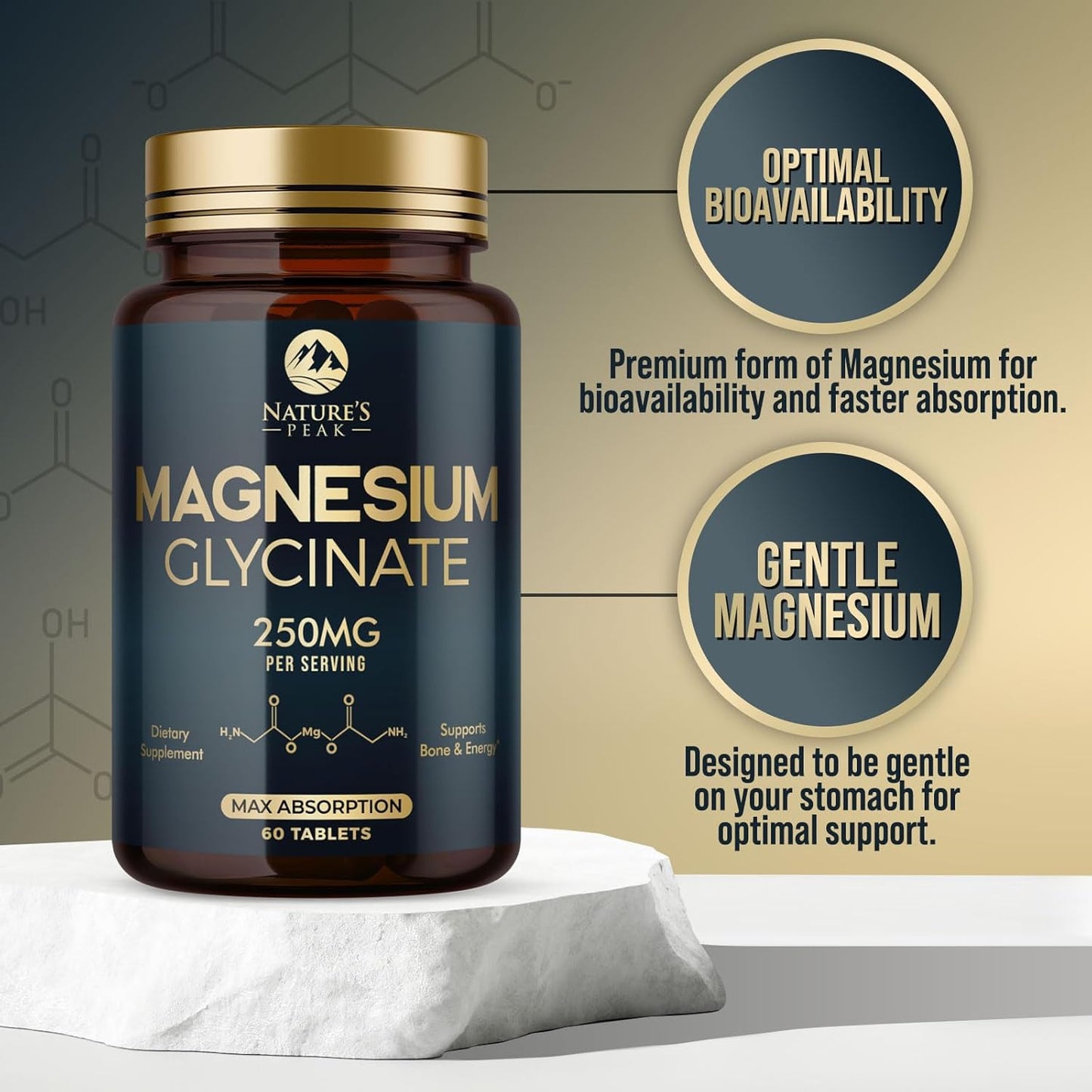 Extra Strength Chelated Magnesium Glycinate Supplement for Bone, Muscle, and Heart Health - Non-GMO Nature's Peak Magnesium Pills for Men & Women - 60 Tablets - BoostGo Australia