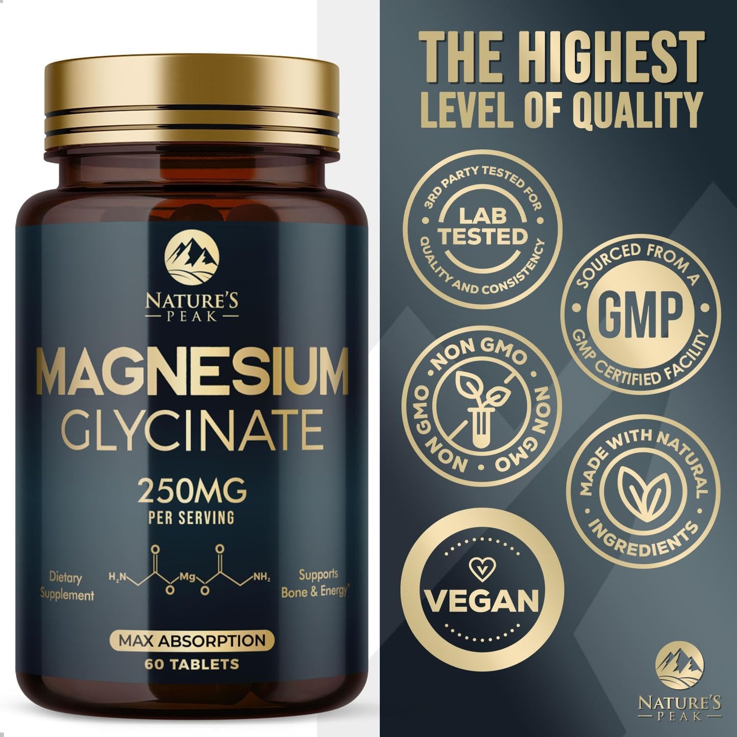 Extra Strength Chelated Magnesium Glycinate Supplement for Bone, Muscle, and Heart Health - Non-GMO Nature's Peak Magnesium Pills for Men & Women - 60 Tablets - BoostGo Australia