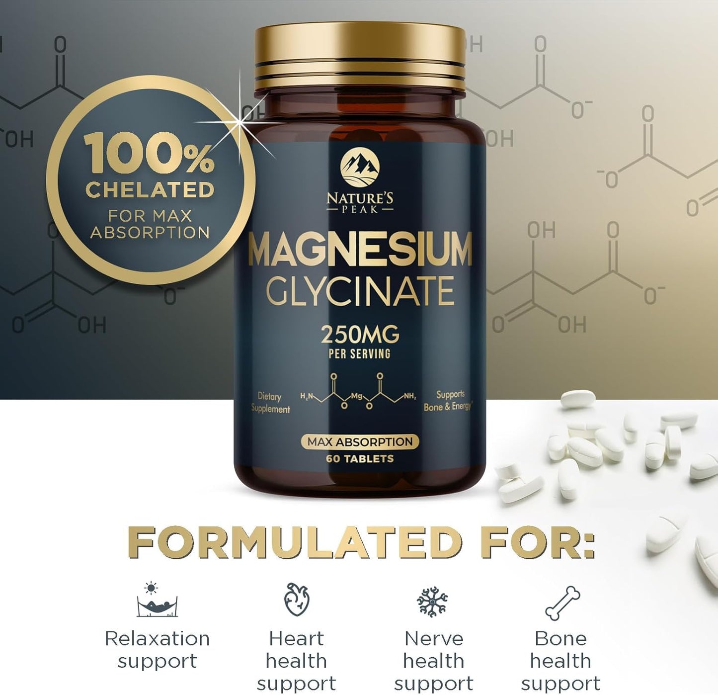 Extra Strength Chelated Magnesium Glycinate Supplement for Bone, Muscle, and Heart Health - Non-GMO Nature's Peak Magnesium Pills for Men & Women - 60 Tablets - BoostGo Australia
