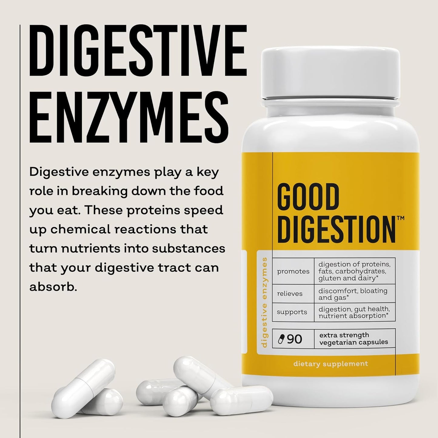 Extra Strength Digestive Enzymes for Fast Bloating & Gas Relief - All-in-One Formula for Carbs, Fat, Protein, Gluten, Dairy - Supports Gut Health - 90 Capsules