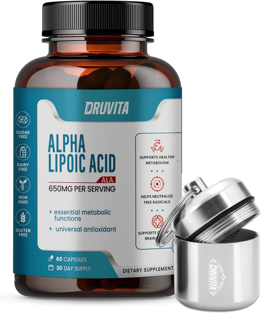 Extra Strength Druvita Alpha Lipoic Acid 650mg Capsules for Energy, Brain, Heart, Metabolism - Antioxidant Supplement for Cellular Health - Includes 1 Pill Container