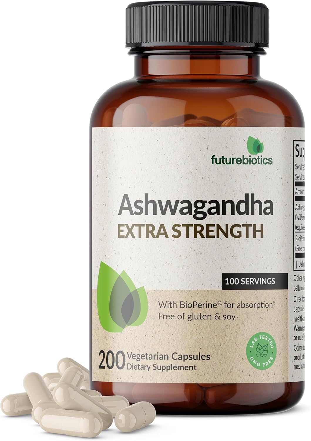 Extra Strength Futurebiotics Ashwagandha Capsules with BioPerine - 200 Vegetarian Capsules for Stress & Mood Support