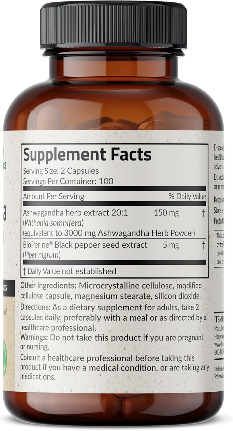 Extra Strength Futurebiotics Ashwagandha Capsules with BioPerine - 200 Vegetarian Capsules for Stress & Mood Support