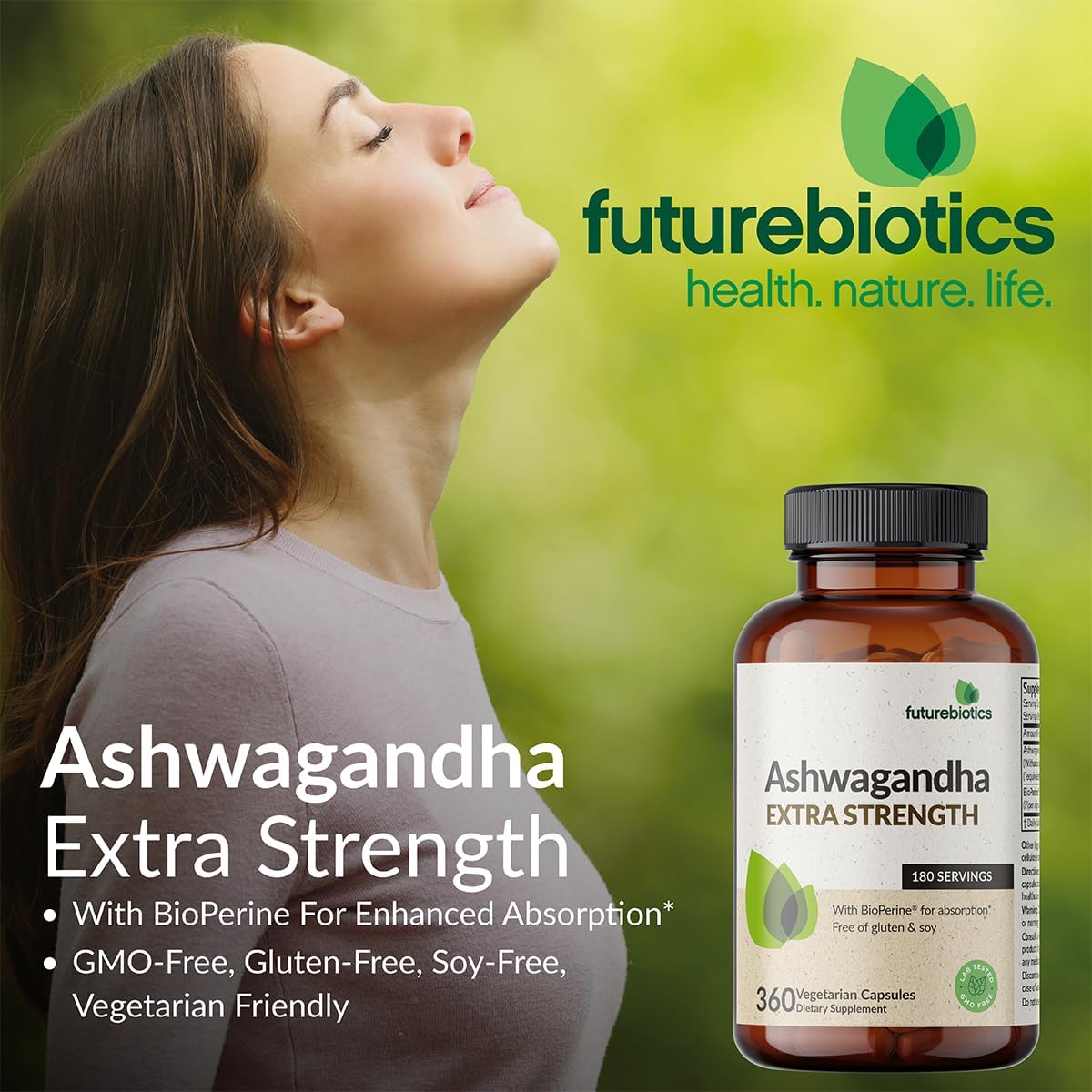 Extra Strength Futurebiotics Ashwagandha Capsules with BioPerine - 200 Vegetarian Capsules for Stress & Mood Support