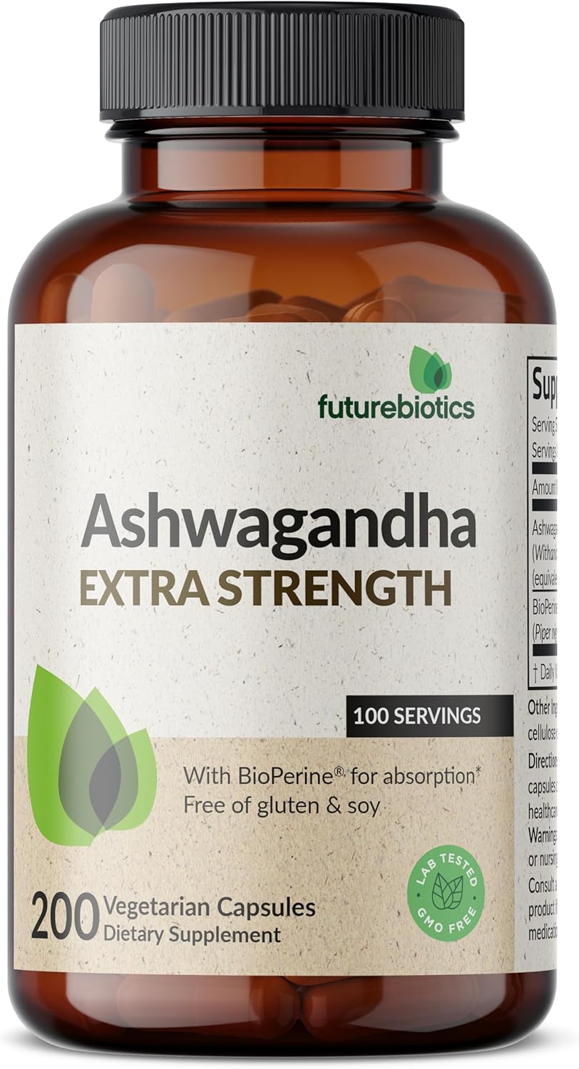 Extra Strength Futurebiotics Ashwagandha Capsules with BioPerine - 200 Vegetarian Capsules for Stress & Mood Support