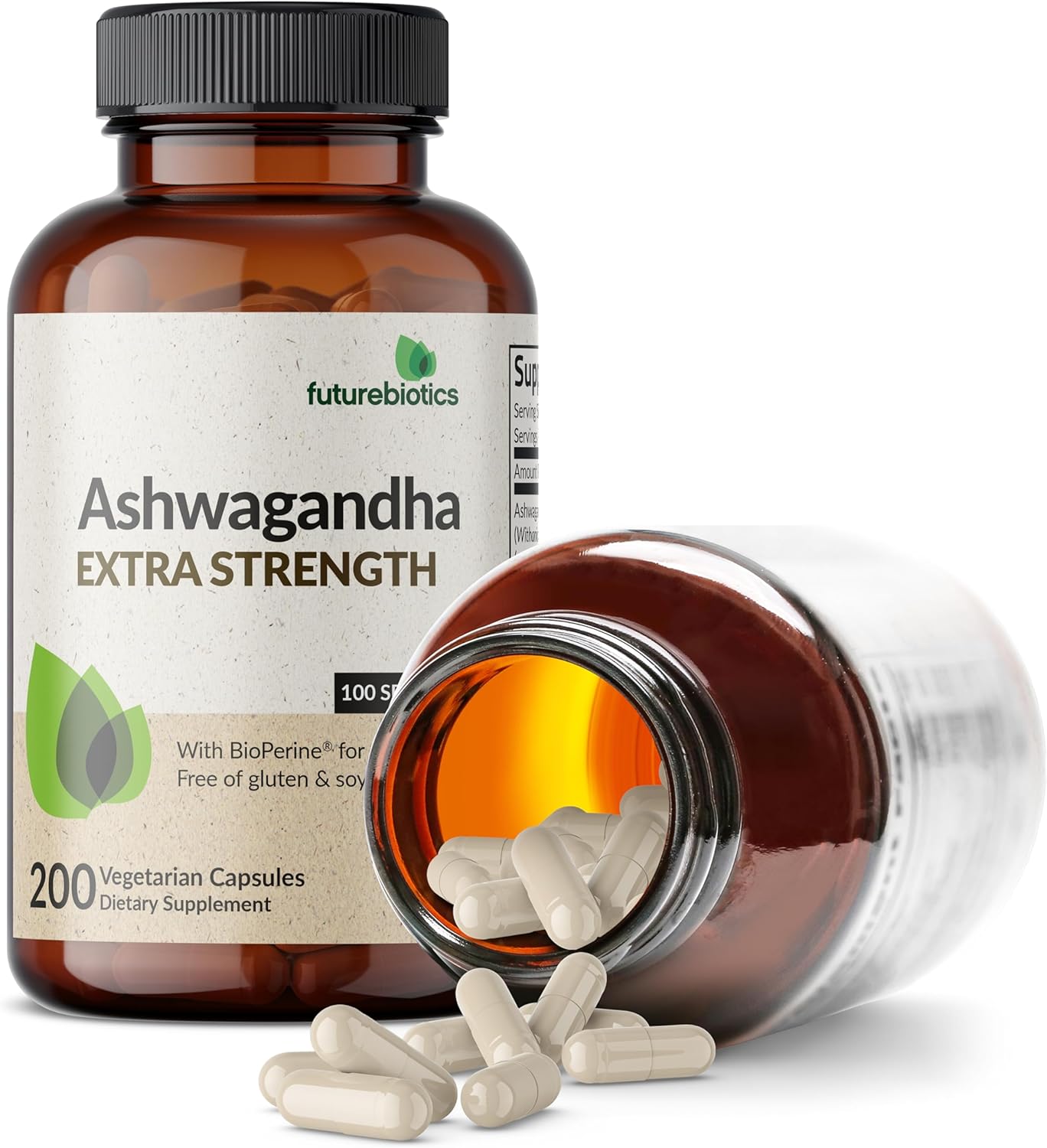 Extra Strength Futurebiotics Ashwagandha Capsules with BioPerine - 200 Vegetarian Capsules for Stress & Mood Support