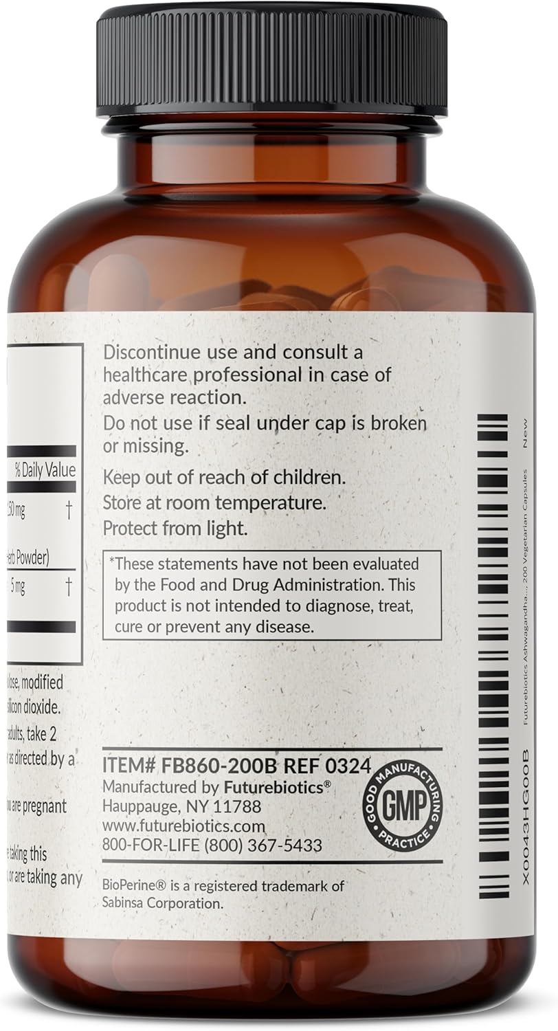 Extra Strength Futurebiotics Ashwagandha Capsules with BioPerine - 200 Vegetarian Capsules for Stress & Mood Support