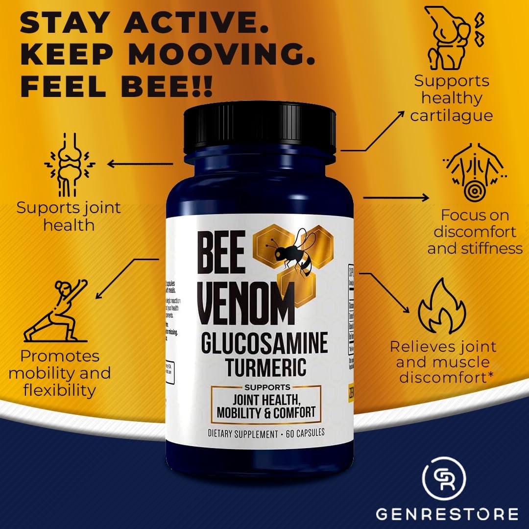 Extra Strength Genrestore Bee Venom Dietary Supplement with Glucosamine Turmeric Blend for Joint Health - Natural Health Complex - 60 Capsules