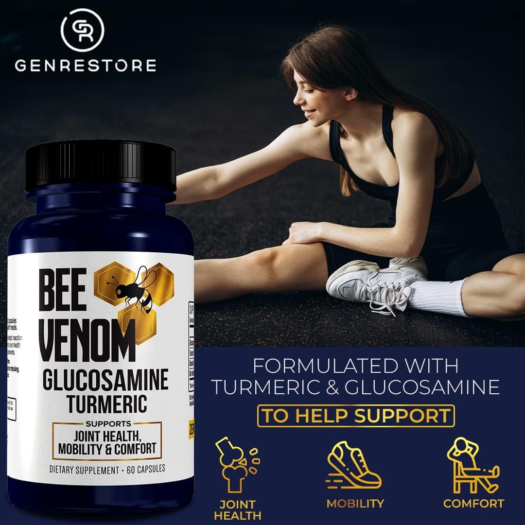 Extra Strength Genrestore Bee Venom Dietary Supplement with Glucosamine Turmeric Blend for Joint Health - Natural Health Complex - 60 Capsules