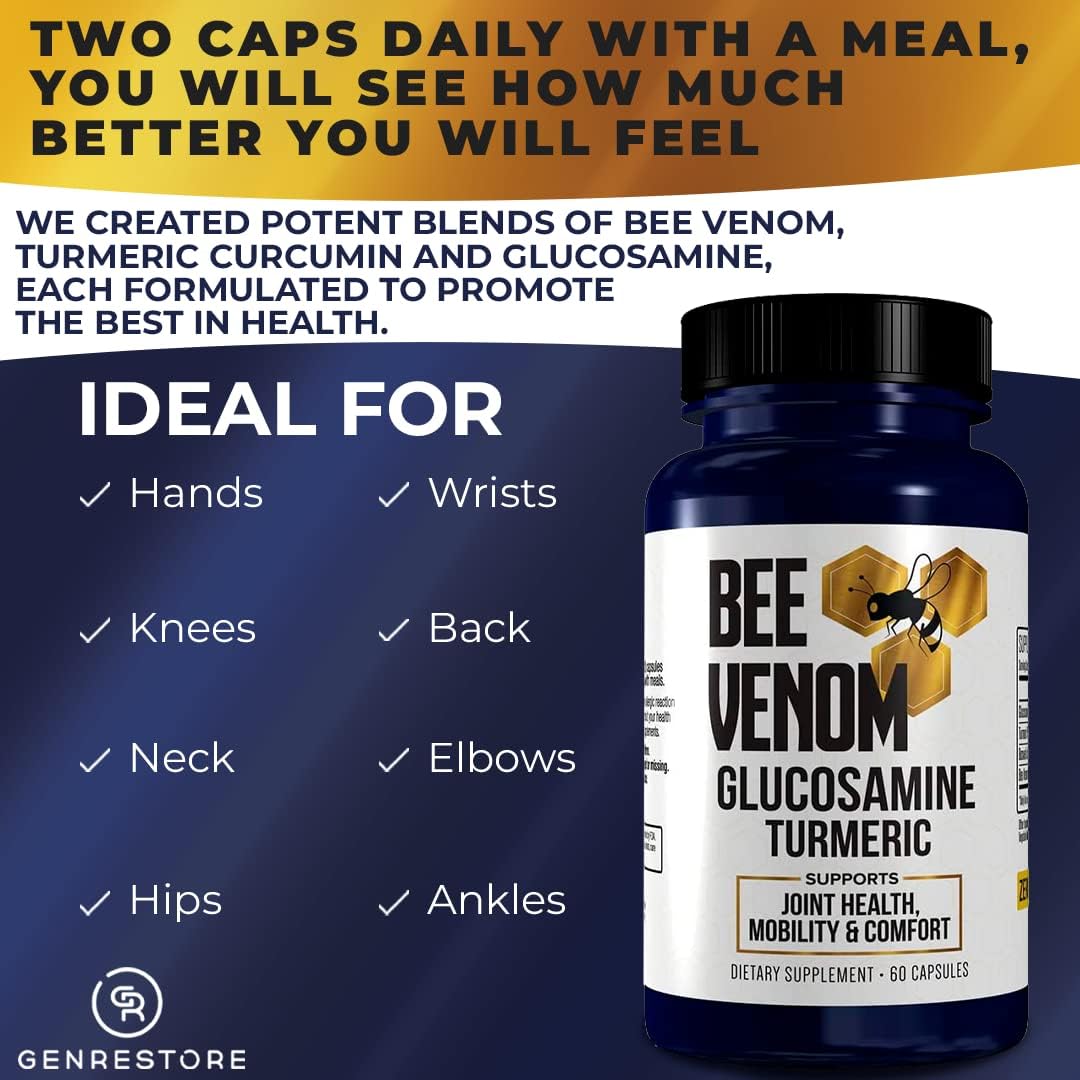 Extra Strength Genrestore Bee Venom Dietary Supplement with Glucosamine Turmeric Blend for Joint Health - Natural Health Complex - 60 Capsules