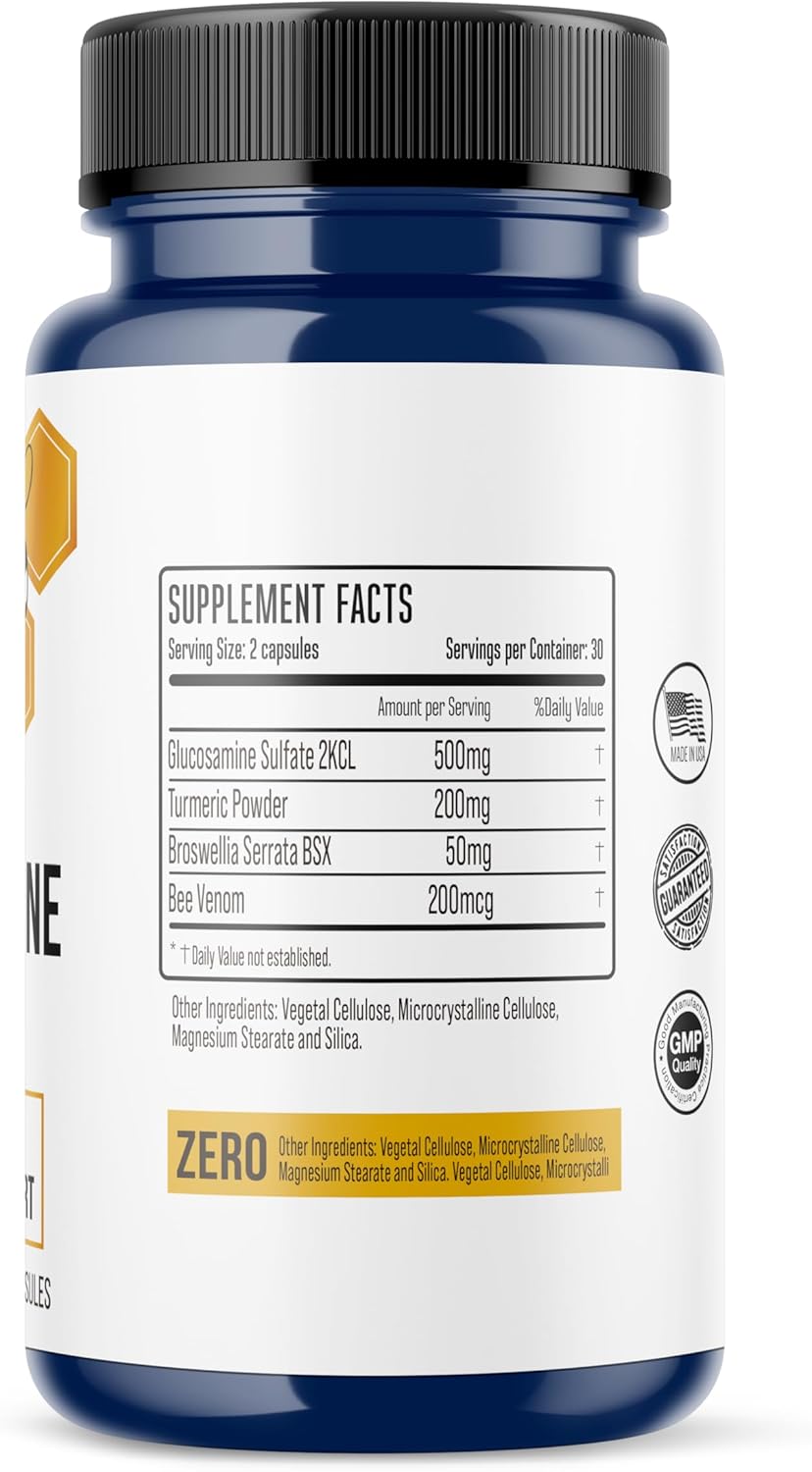 Extra Strength Genrestore Bee Venom Dietary Supplement with Glucosamine Turmeric Blend for Joint Health - Natural Health Complex - 60 Capsules