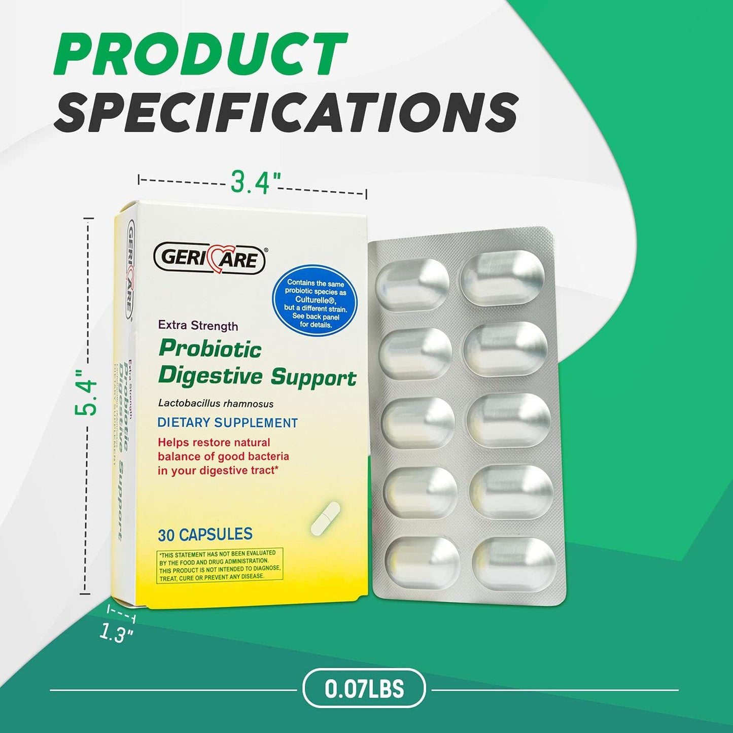 Extra Strength GeriCare Probiotic with 20 Billion CFU of Lactobacillus Rhamnosus R-11 for Digestive Support - 30 Capsules