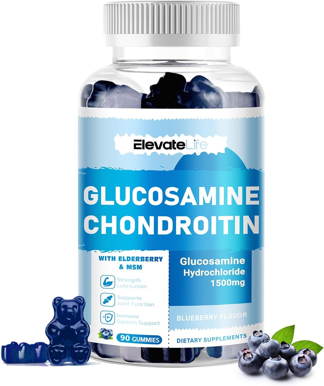 Extra Strength Glucosamine Chondroitin Gummies with MSM & Elderberry - Joint Support & Antioxidant Immune Boost - 90 Blueberry Gummies for Adults - BoostGo Australia