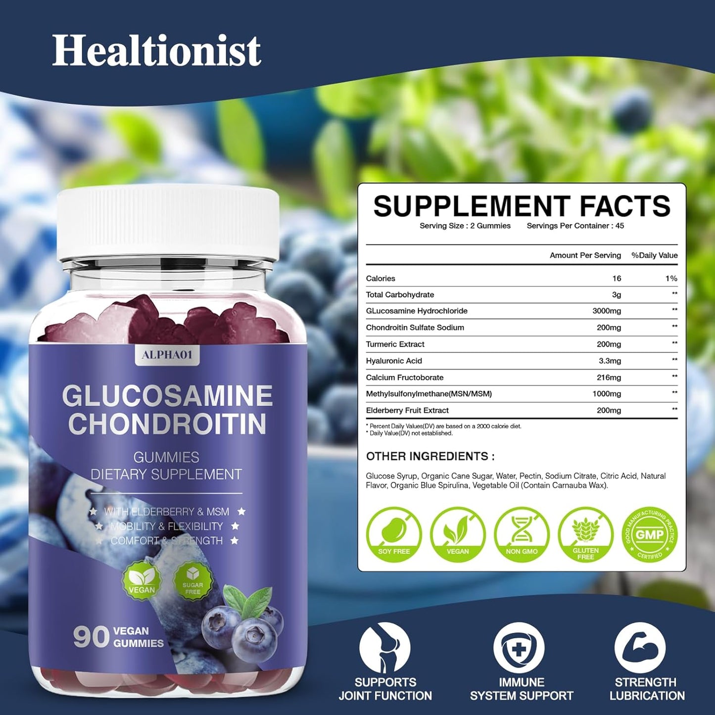 Extra Strength Glucosamine Chondroitin Gummies with MSM & Elderberry for Joint and Immune Support - 90 Blueberry Gummies for Adults