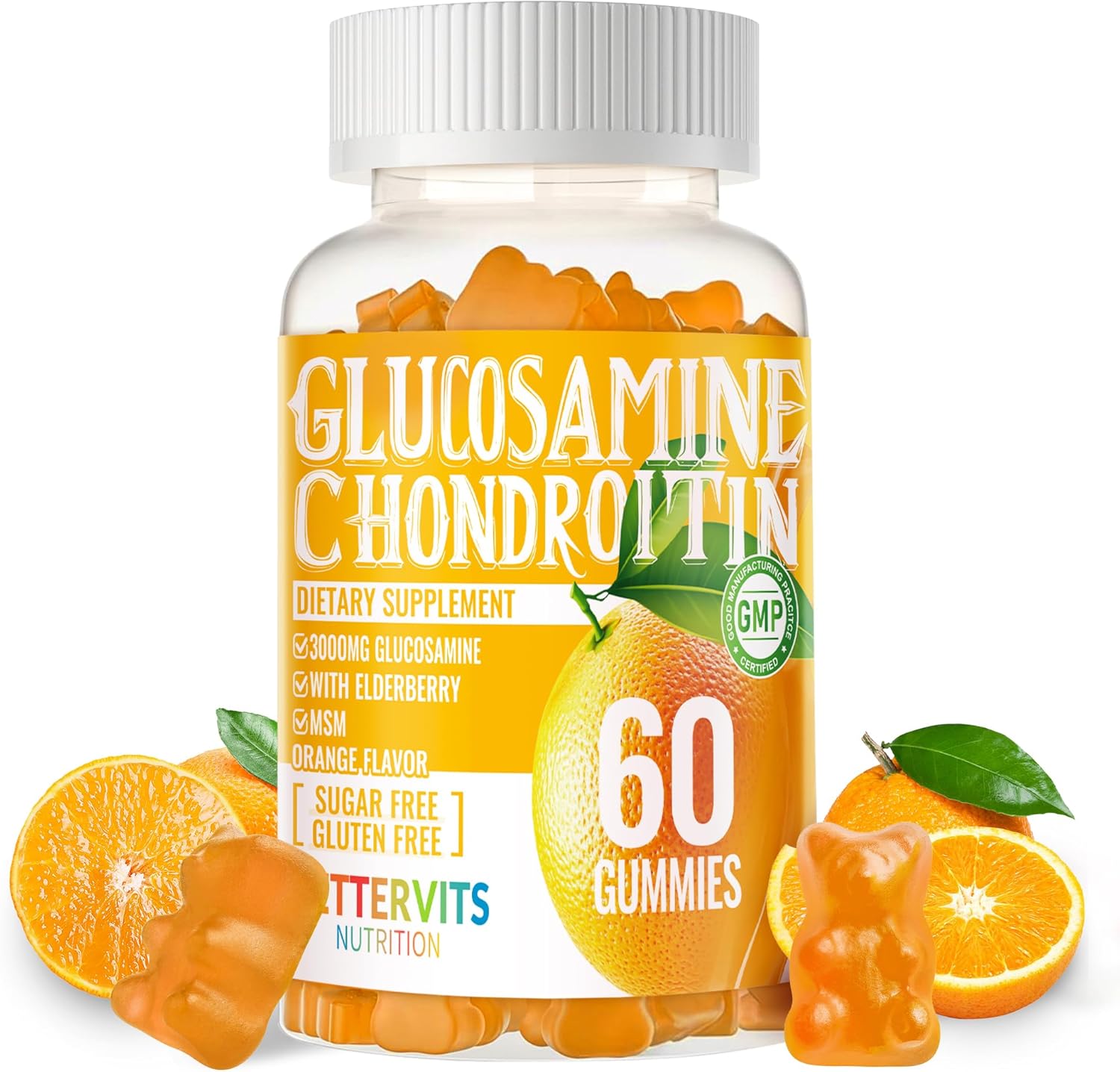 Extra Strength Glucosamine Chondroitin Gummies with MSM, Elderberry - Joint & Immune Support for Adults - 60 Orange Gummies