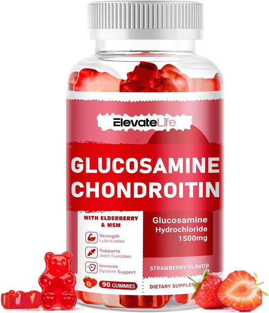 Extra Strength Glucosamine Chondroitin Gummies with MSM & Elderberry - Joint & Immune Support for Adults - 90 Strawberry Gummies