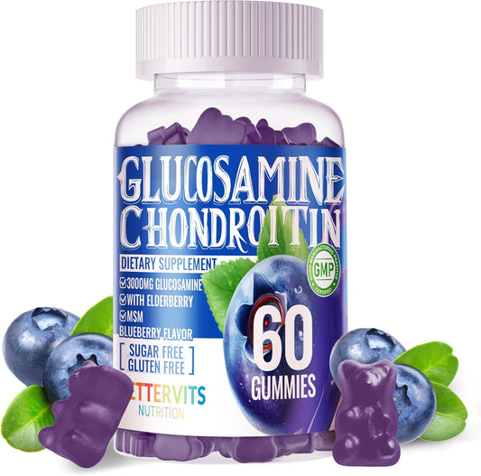 Extra Strength Glucosamine Chondroitin Gummies with MSM, Elderberry - Joint & Immune Support for Adults - 60 Blueberry Gummies