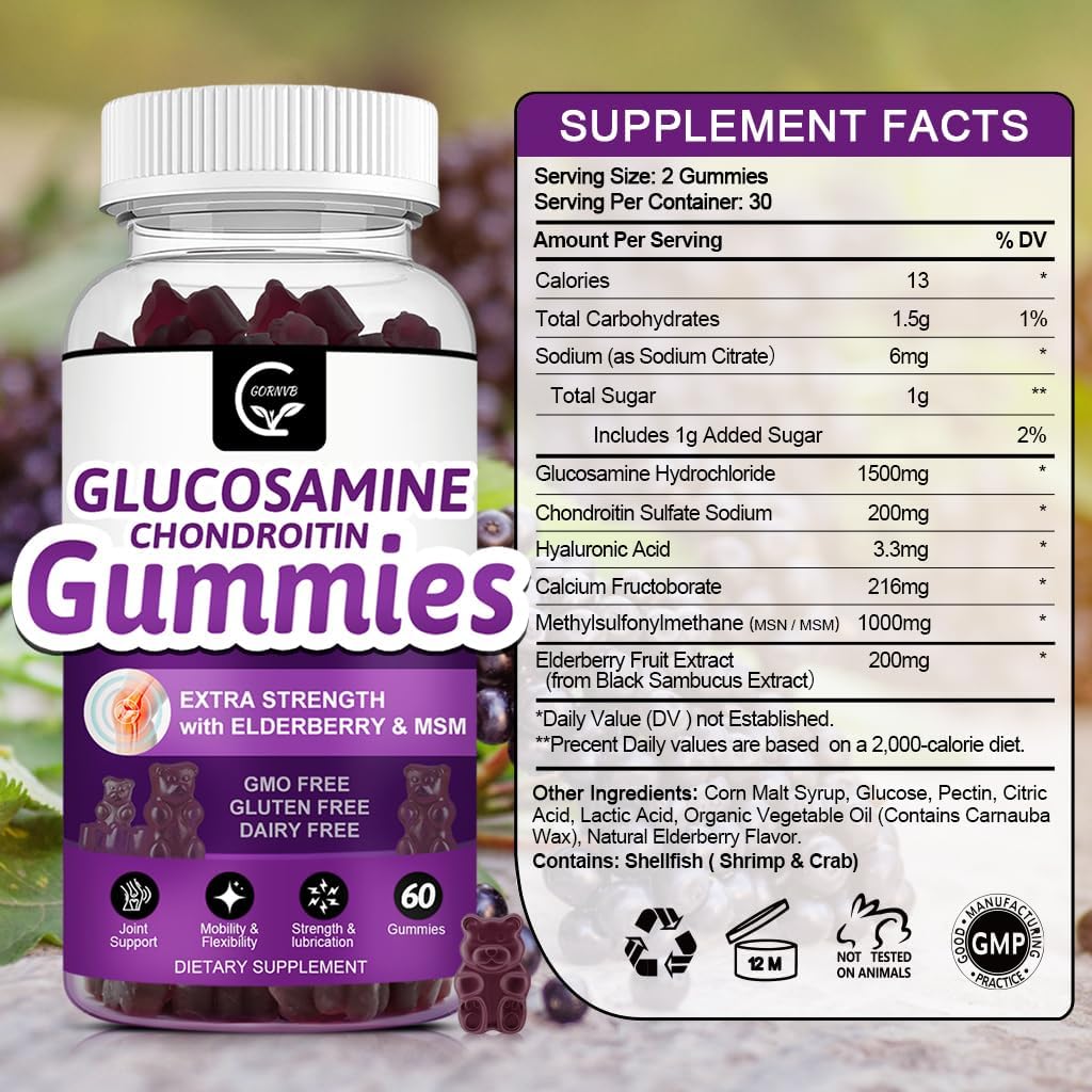 Extra Strength Glucosamine Chondroitin Gummies with MSM, Elderberry & Calcium - Joint & Immune Support for Adults
