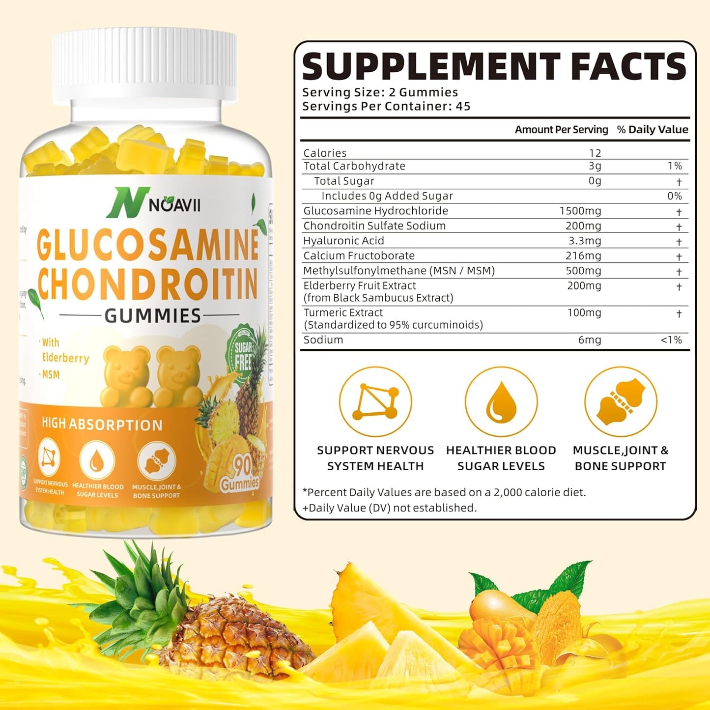 Extra Strength Glucosamine Chondroitin Gummies with MSM, Elderberry - Joint & Immune Support for Adults - Pineapple Flavor - 180 Count