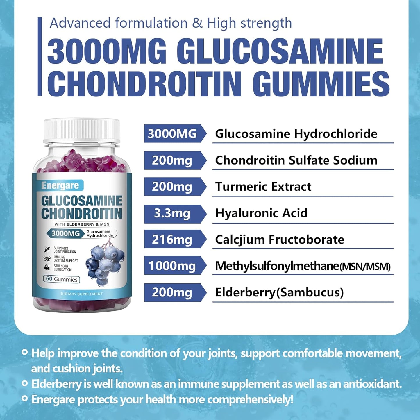 Extra Strength Glucosamine Chondroitin Gummies with Elderberry - Joint Support & Immune Boost - 60 Count