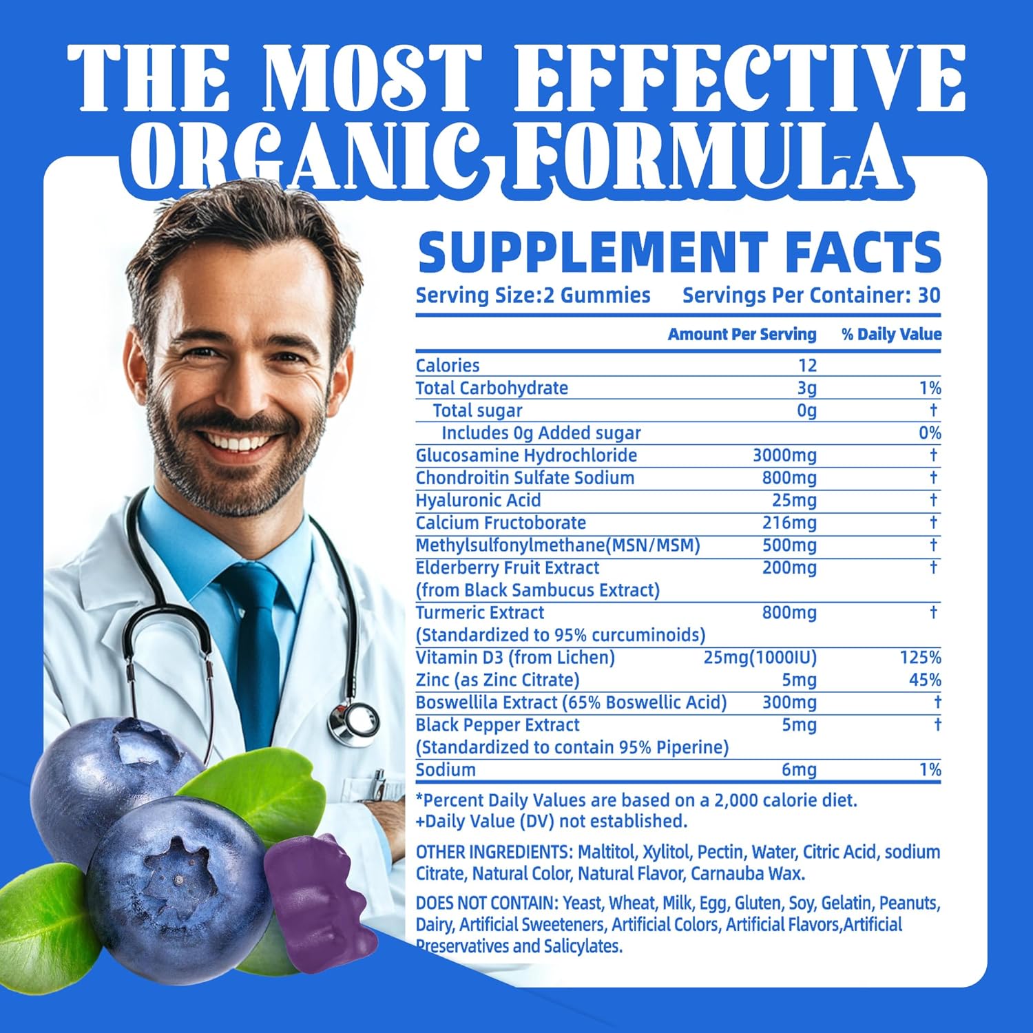 Extra Strength Glucosamine Chondroitin Gummies with MSM, Elderberry - Joint & Immune Support for Adults - 60 Blueberry Gummies