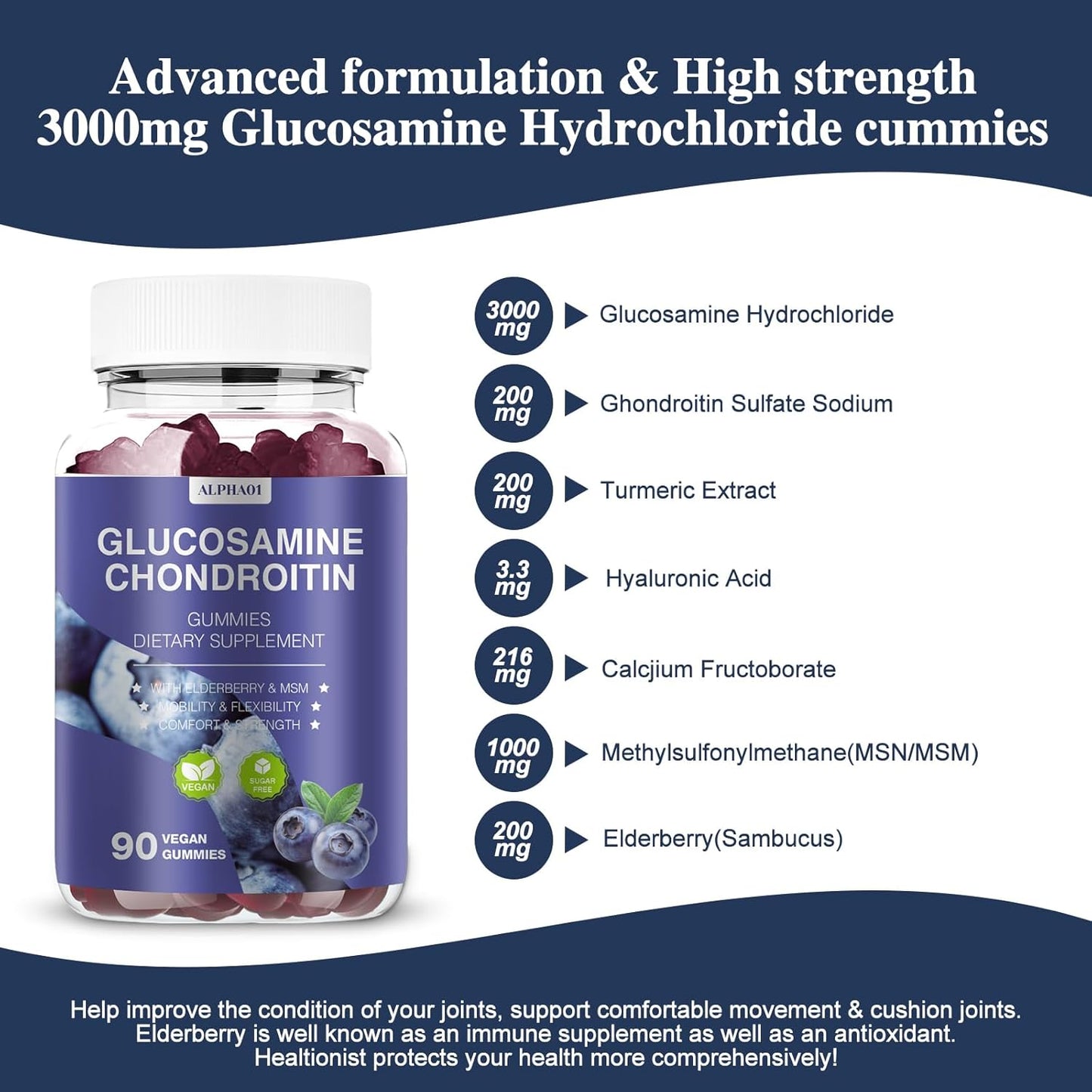 Extra Strength Glucosamine Chondroitin Gummies with MSM & Elderberry for Joint and Immune Support - 90 Blueberry Gummies for Adults
