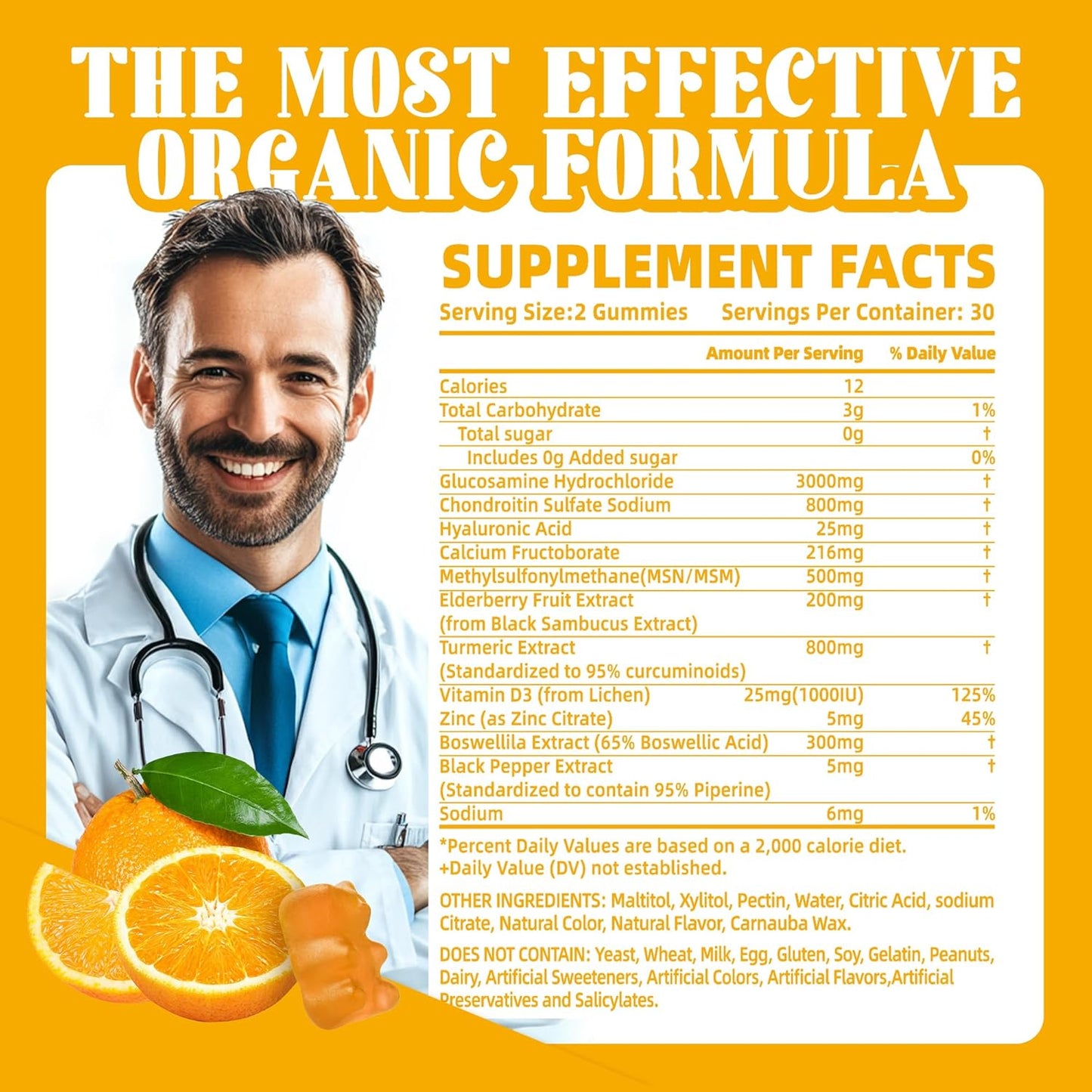 Extra Strength Glucosamine Chondroitin Gummies with MSM, Elderberry - Joint & Immune Support for Adults - 60 Orange Gummies