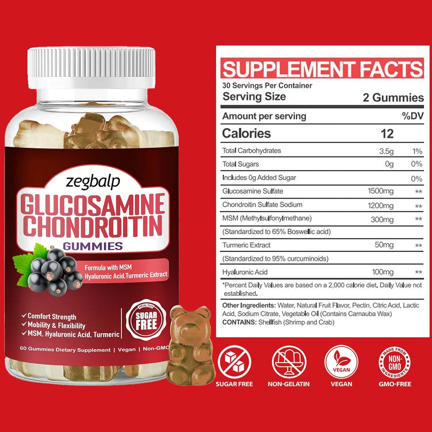 Extra Strength Glucosamine Chondroitin Gummies with MSM Turmeric and Hyaluronic Acid for Adults - Immune & Health Support - 1500mg Chewables for Men & Women