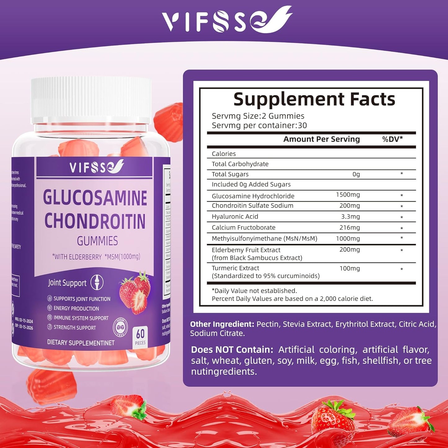 Extra Strength Glucosamine Chondroitin Gummies with MSM & Elderberry for Joint Support - 1500MG, 2 Pack for Adults