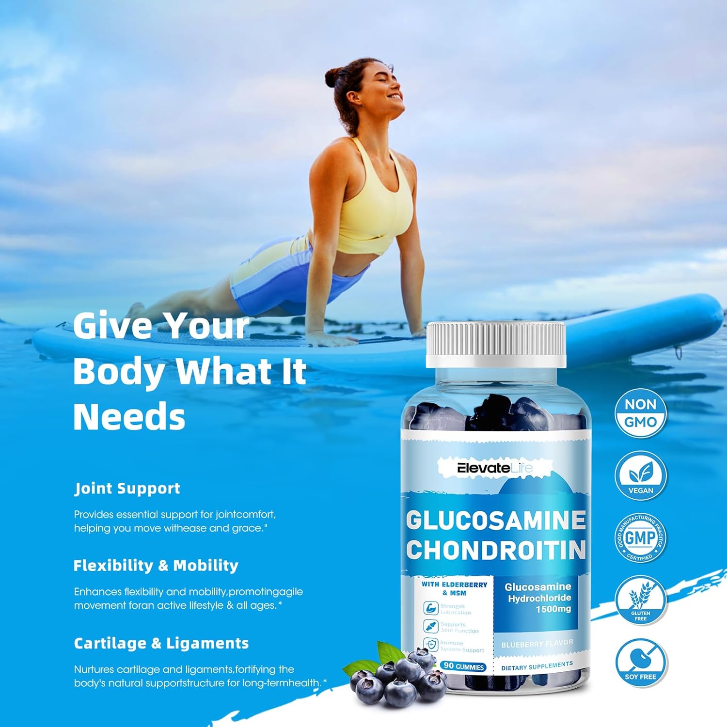Extra Strength Glucosamine Chondroitin Gummies with MSM & Elderberry - Joint Support & Antioxidant Immune Boost - 90 Blueberry Gummies for Adults - BoostGo Australia