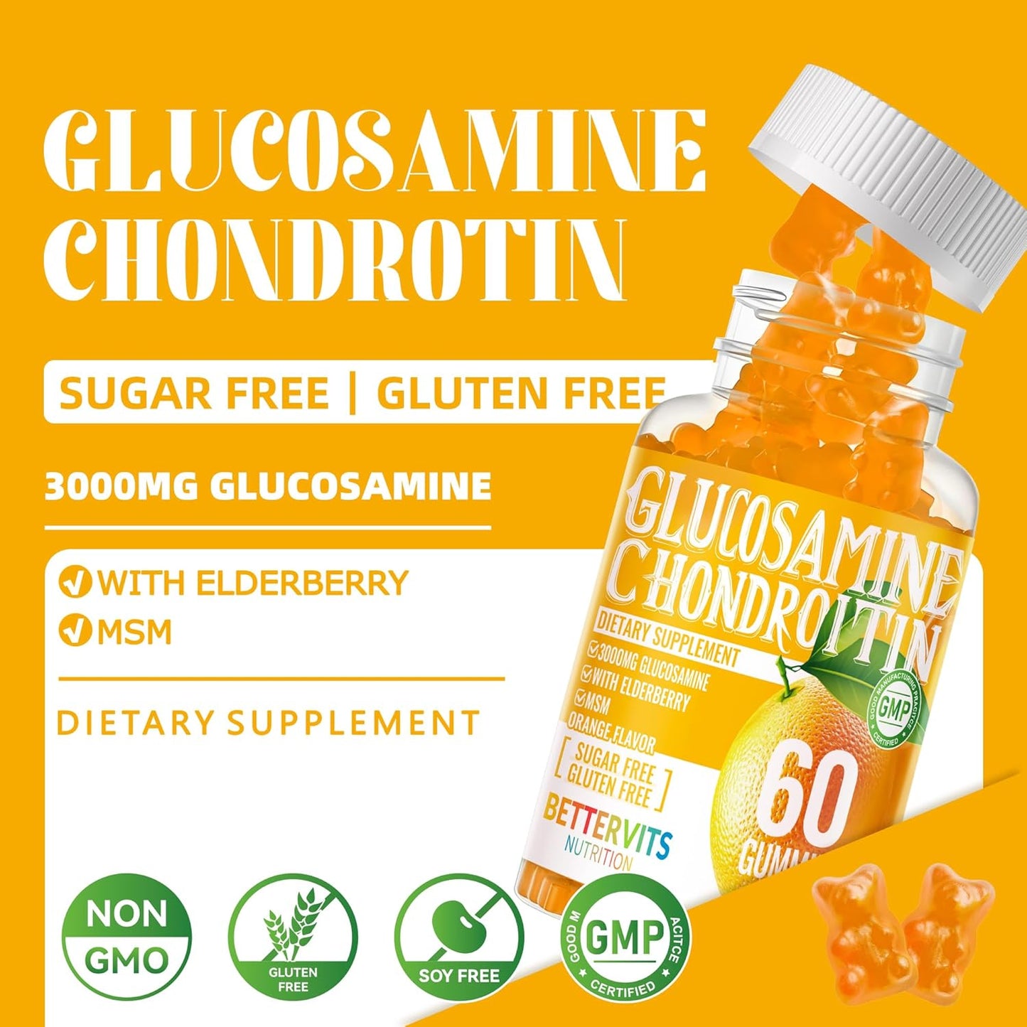 Extra Strength Glucosamine Chondroitin Gummies with MSM, Elderberry - Joint & Immune Support for Adults - 120 Orange Gummies