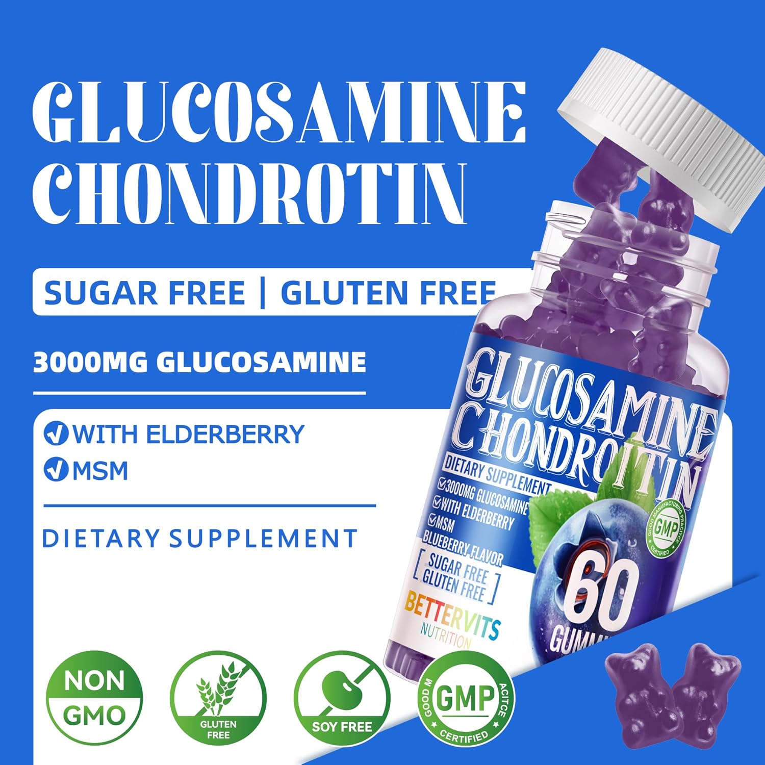 Extra Strength Glucosamine Chondroitin Gummies with MSM, Elderberry - Joint & Immune Support for Adults - 60 Blueberry Gummies