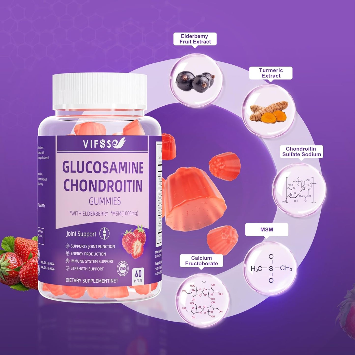 Extra Strength Glucosamine Chondroitin Gummies with MSM & Elderberry for Joint Support - 1500MG, 2 Pack for Adults