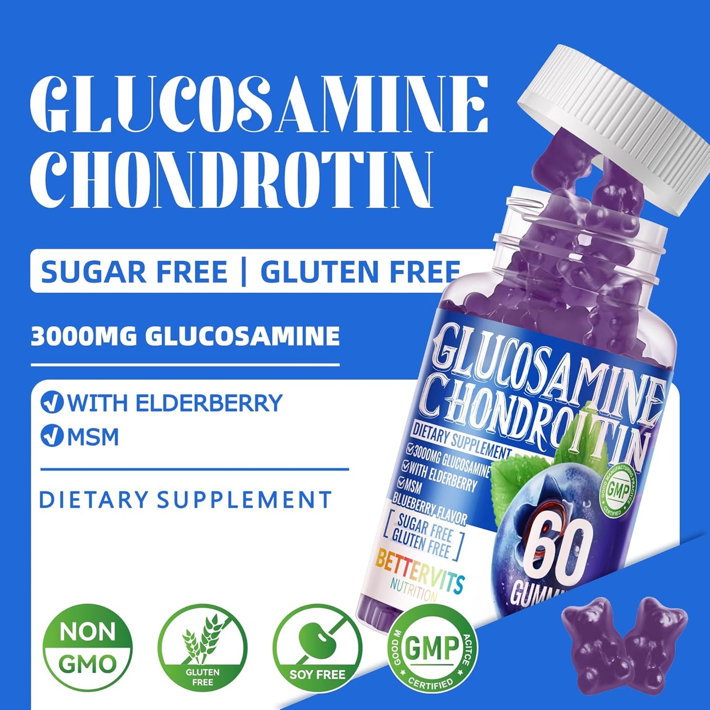 Extra Strength Glucosamine Chondroitin Gummies with MSM, Elderberry - Joint & Immune Support for Adults - 120 Blueberry Gummies