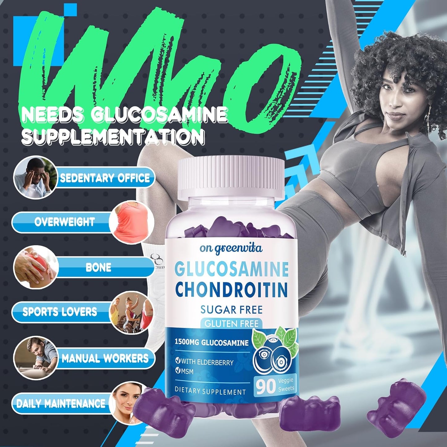 Extra Strength Glucosamine Chondroitin Gummies with MSM & Elderberry for Joint and Immune Support - Blueberry Gummies for Adults
