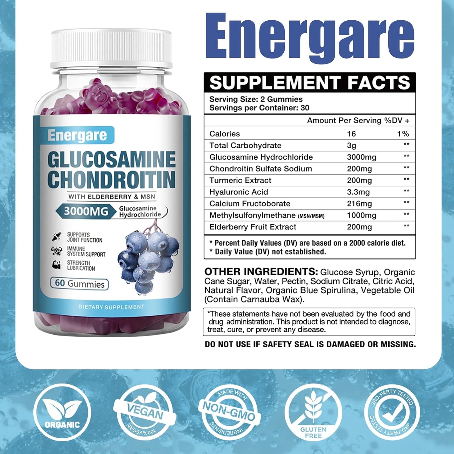 Extra Strength Glucosamine Chondroitin Gummies with Elderberry - Joint Support & Immune Boost - 60 Count