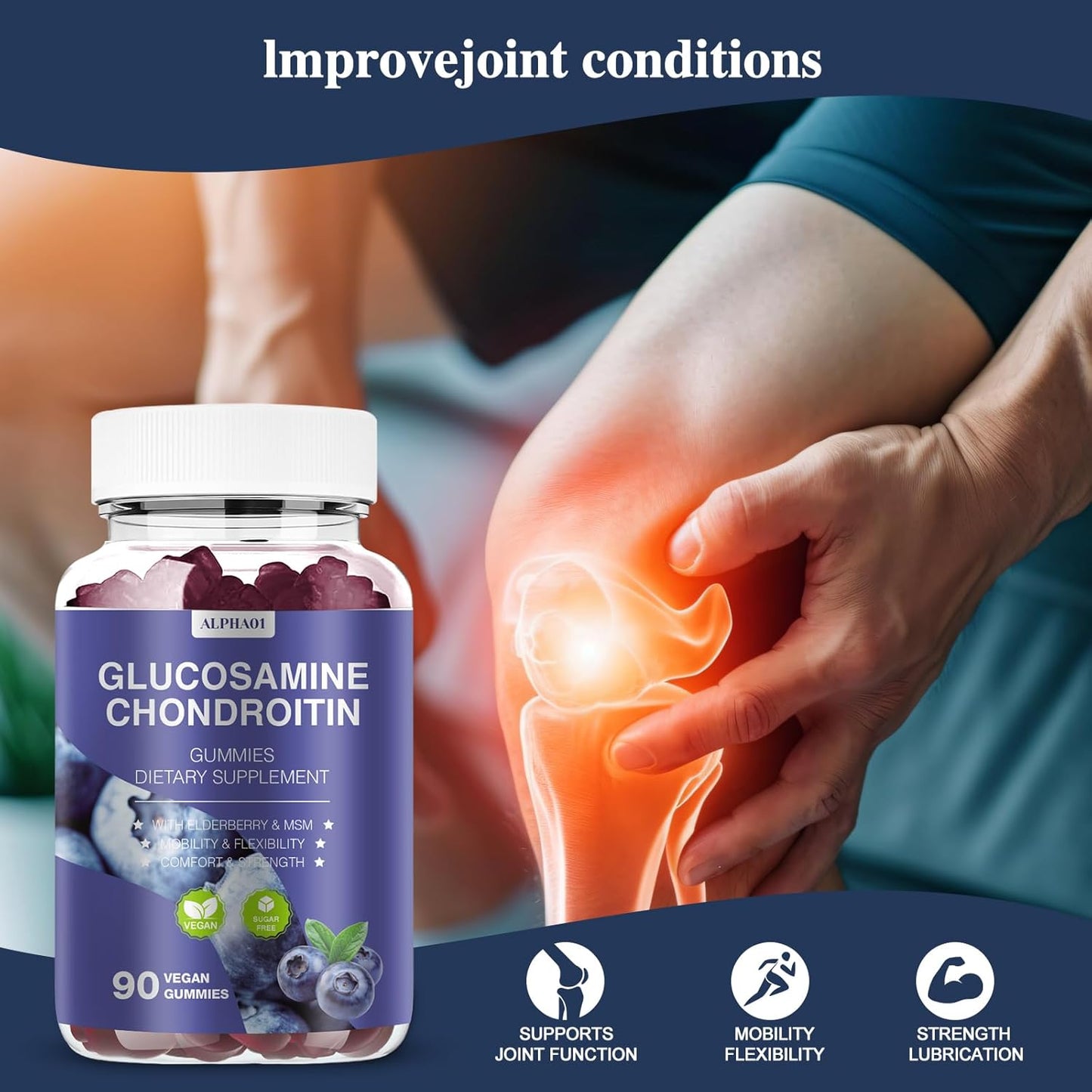 Extra Strength Glucosamine Chondroitin Gummies with MSM & Elderberry for Joint and Immune Support - 90 Blueberry Gummies for Adults