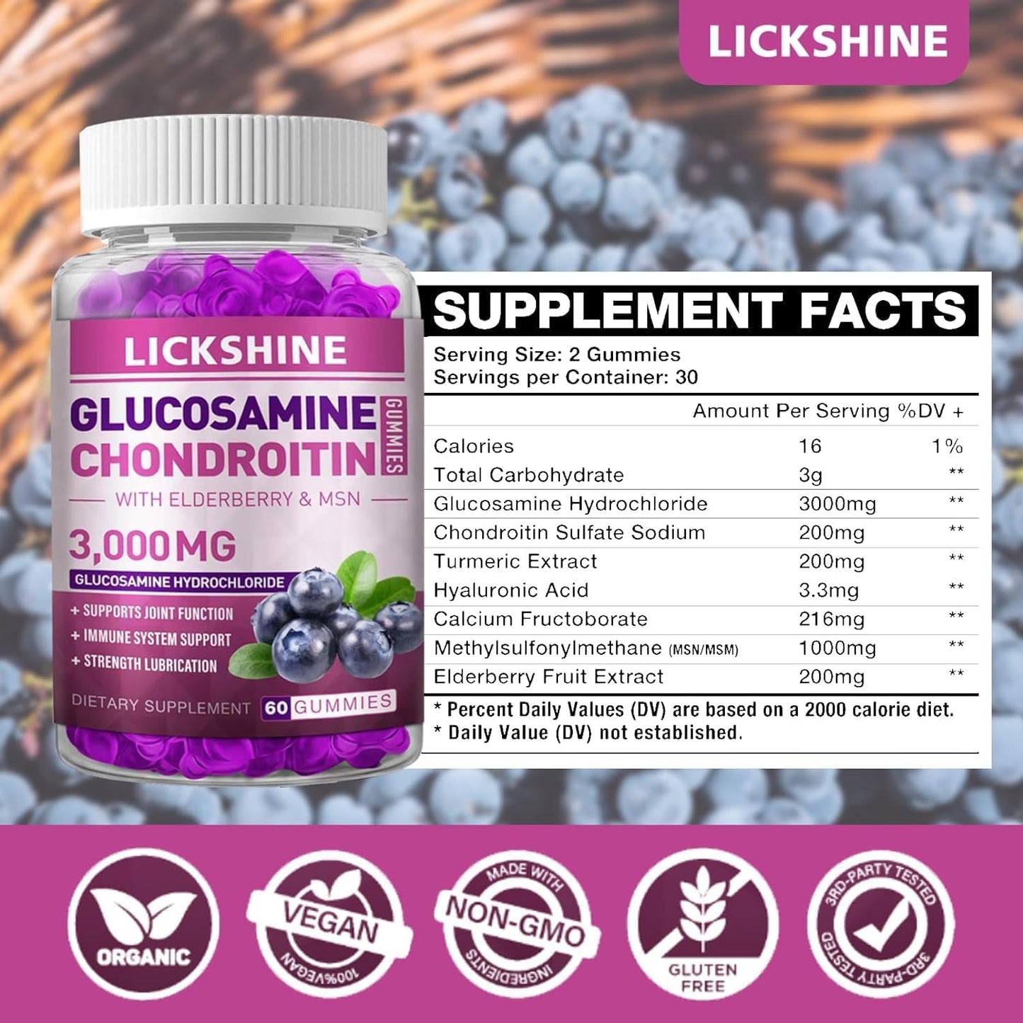 Extra Strength Glucosamine Chondroitin Gummies with MSM & Elderberry for Joint Health and Immune Support - Adult Men & Women Gummy Supplement