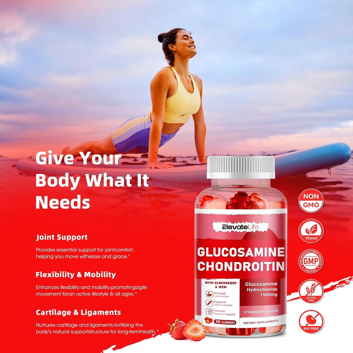 Extra Strength Glucosamine Chondroitin Gummies with MSM & Elderberry - Joint & Immune Support for Adults - 90 Strawberry Gummies