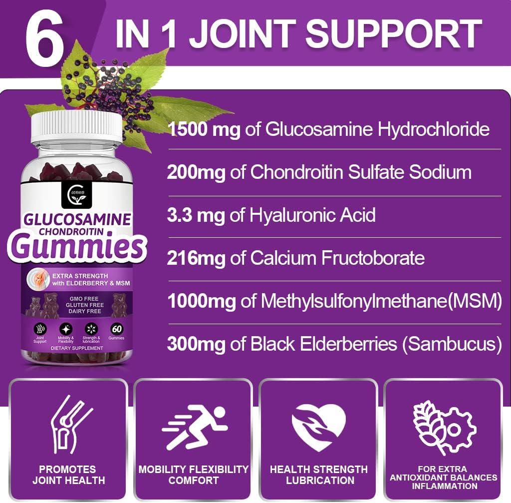 Extra Strength Glucosamine Chondroitin Gummies with MSM, Elderberry & Calcium - Joint & Immune Support for Adults