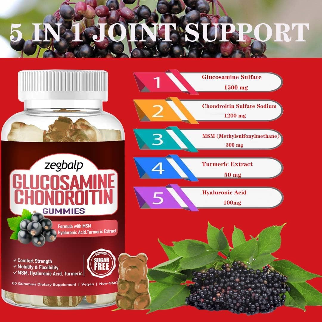 Extra Strength Glucosamine Chondroitin Gummies with MSM Turmeric and Hyaluronic Acid for Adults - Immune & Health Support - 1500mg Chewables for Men & Women