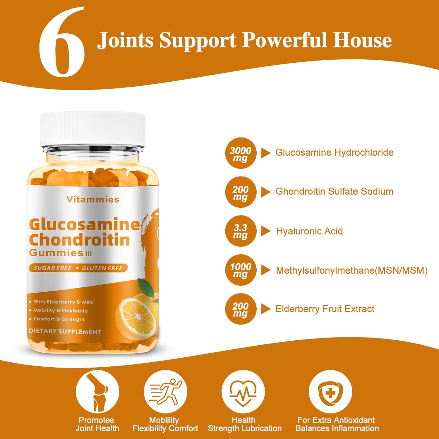 Extra Strength Glucosamine Chondroitin Gummies with MSM & Elderberry - Joint & Immune Support for Men & Women - 60 Orange Gummies