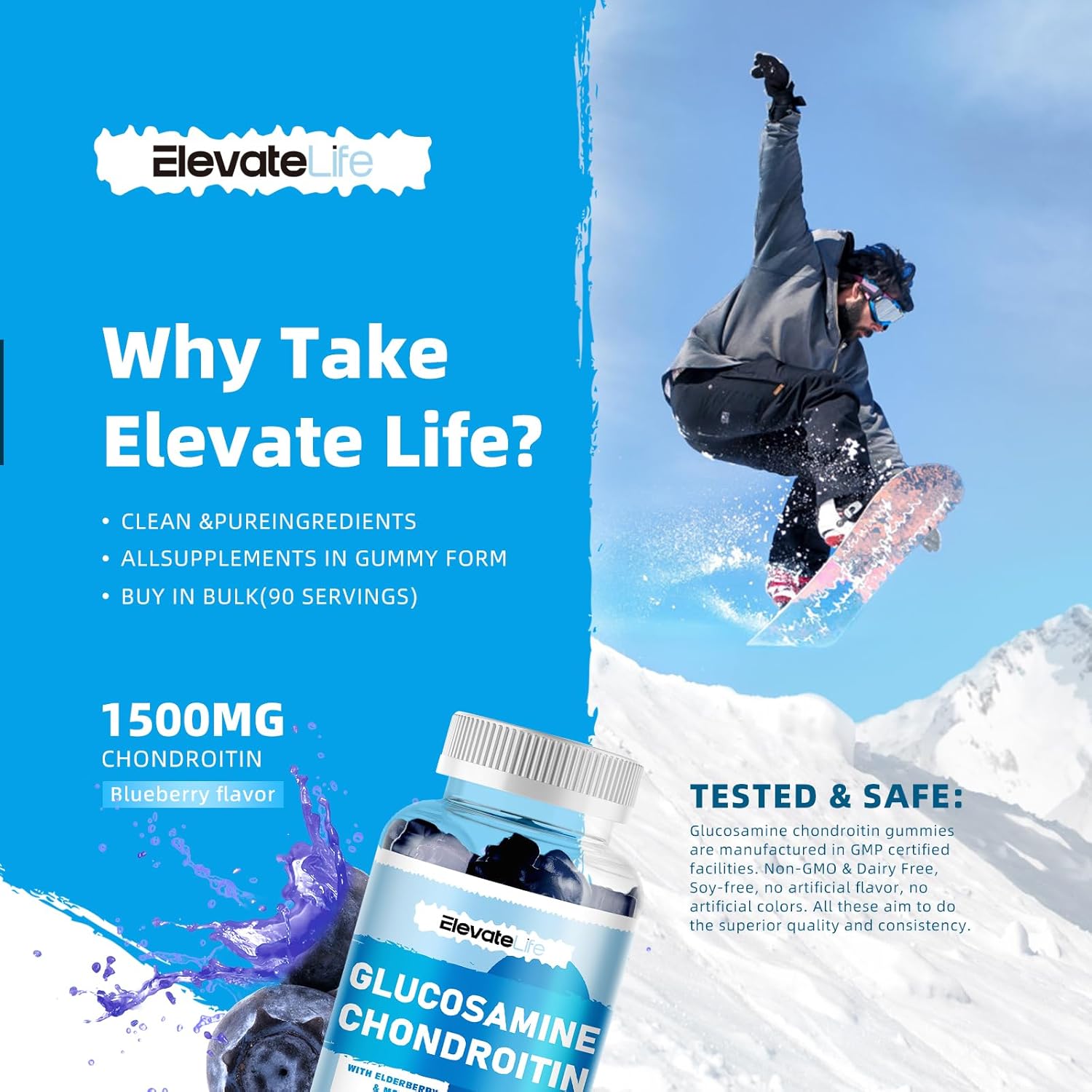 Extra Strength Glucosamine Chondroitin Gummies with MSM & Elderberry - Joint Support & Antioxidant Immune Boost - 90 Blueberry Gummies for Adults - BoostGo Australia