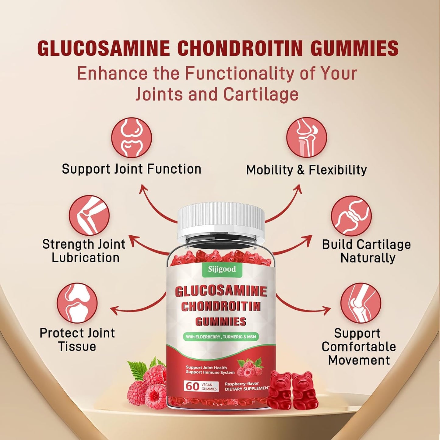 Extra-Strength Glucosamine Chondroitin Gummies with MSM - Joint Health & Flexibility Supplement, Antioxidant & Immune Support, 60 Count
