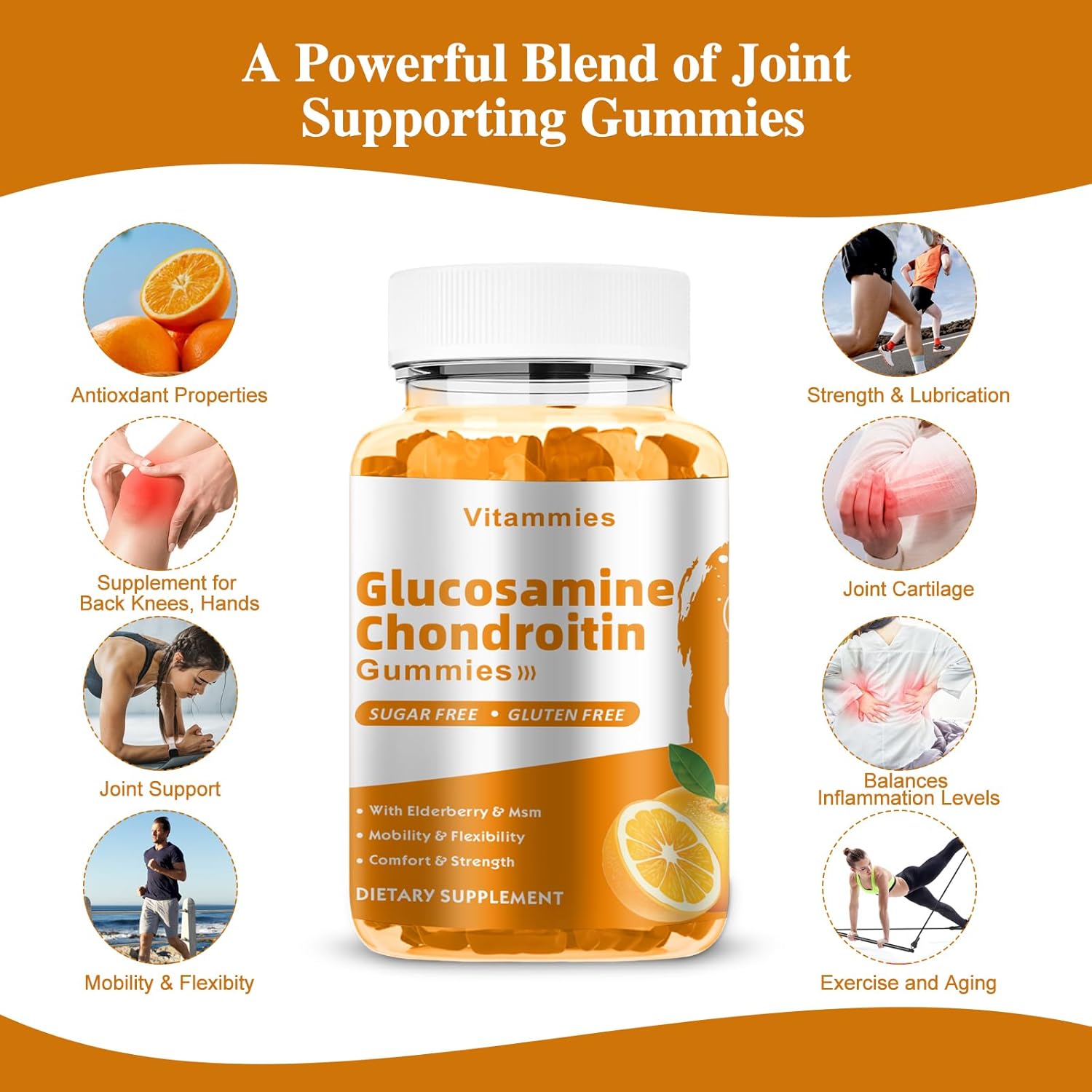 Extra Strength Glucosamine Chondroitin Gummies with MSM & Elderberry - Joint & Immune Support for Men & Women - 60 Orange Gummies