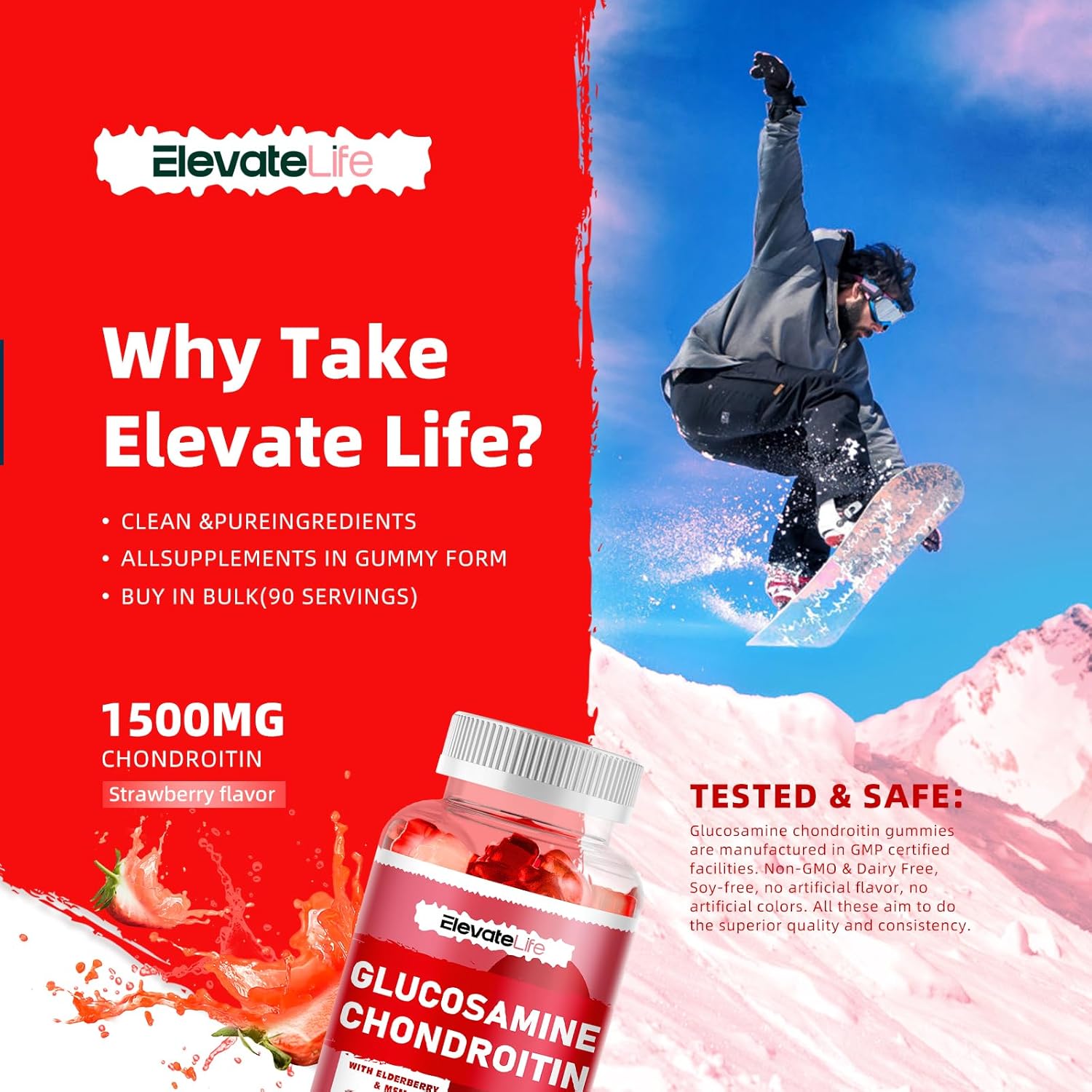 Extra Strength Glucosamine Chondroitin Gummies with MSM & Elderberry - Joint & Immune Support for Adults - 90 Strawberry Gummies