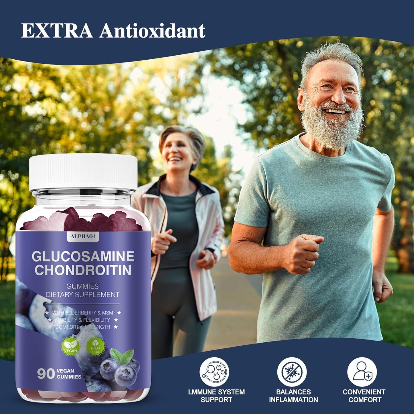 Extra Strength Glucosamine Chondroitin Gummies with MSM & Elderberry for Joint and Immune Support - 90 Blueberry Gummies for Adults